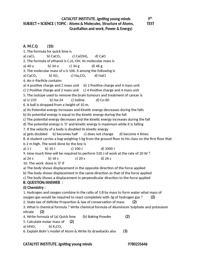 Science Quiz: Atoms, Molecules & Energy | PDF | Mass | Potential Energy