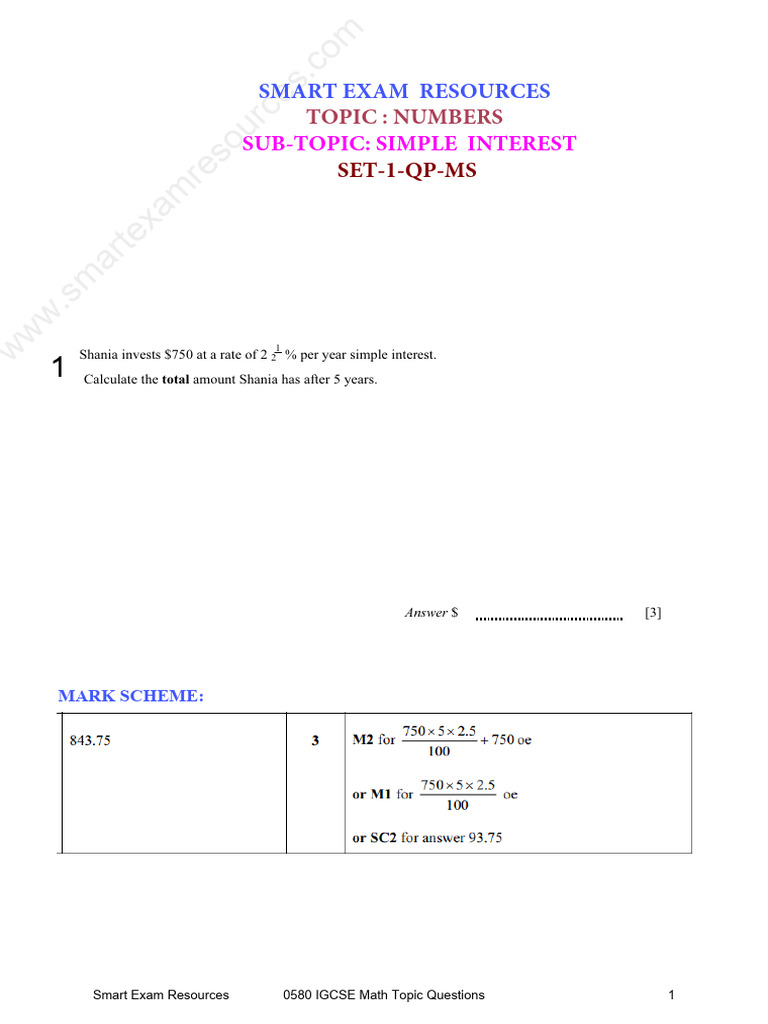 1.6.14 Simple Interest Set 1 QP Ms IGCSE Math Topic Questions Paper 2 | PDF