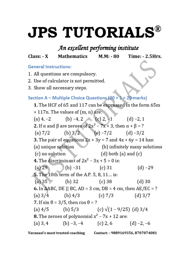Varanasi Class X Mathematics Exam Guide | PDF | Numbers | Zero Of A ...
