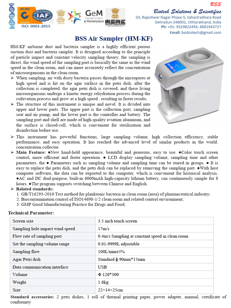 Advanced BSS Air Sampler HM-KF Features | PDF