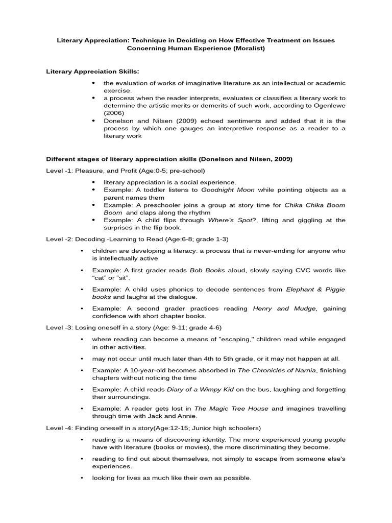 Stages of Literary Appreciation Skills | PDF | Morality | Adolescence