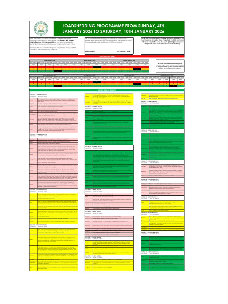 Load Shedding Schedule: Jan 4-10, 2026 | PDF | Electric Power ...