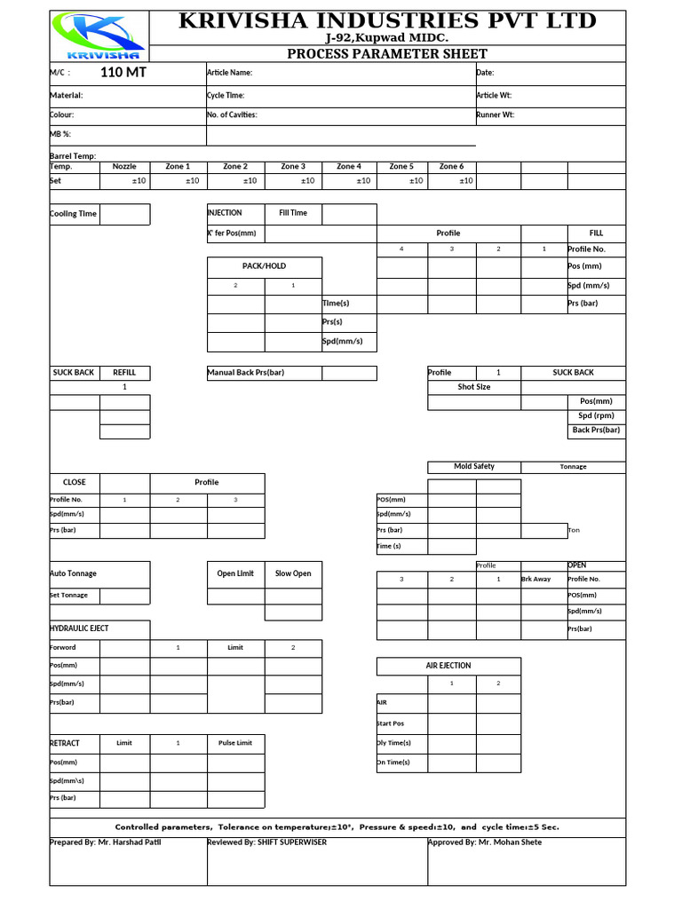 Process Parameter Sheet for Molding Machines | PDF | Industrial ...
