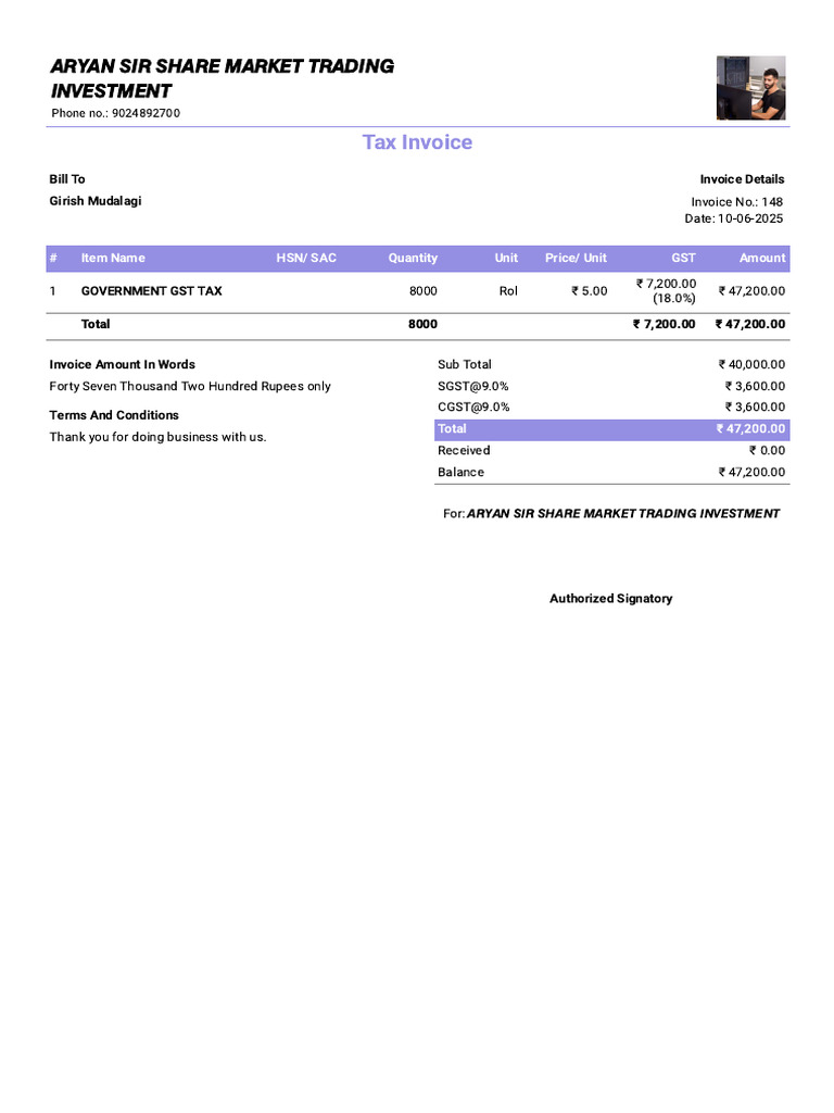 Aryan Sir Share Market Invoice 148 | PDF