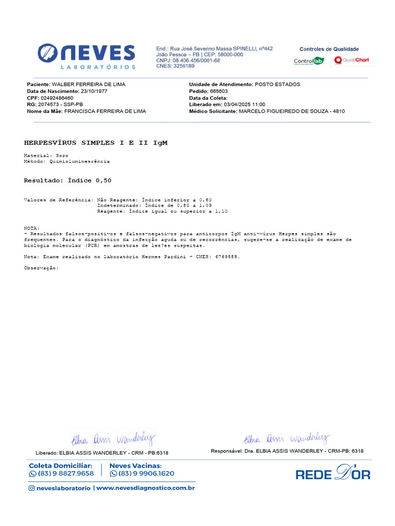 Resultado de Exame de Herpes Simples IgM | PDF
