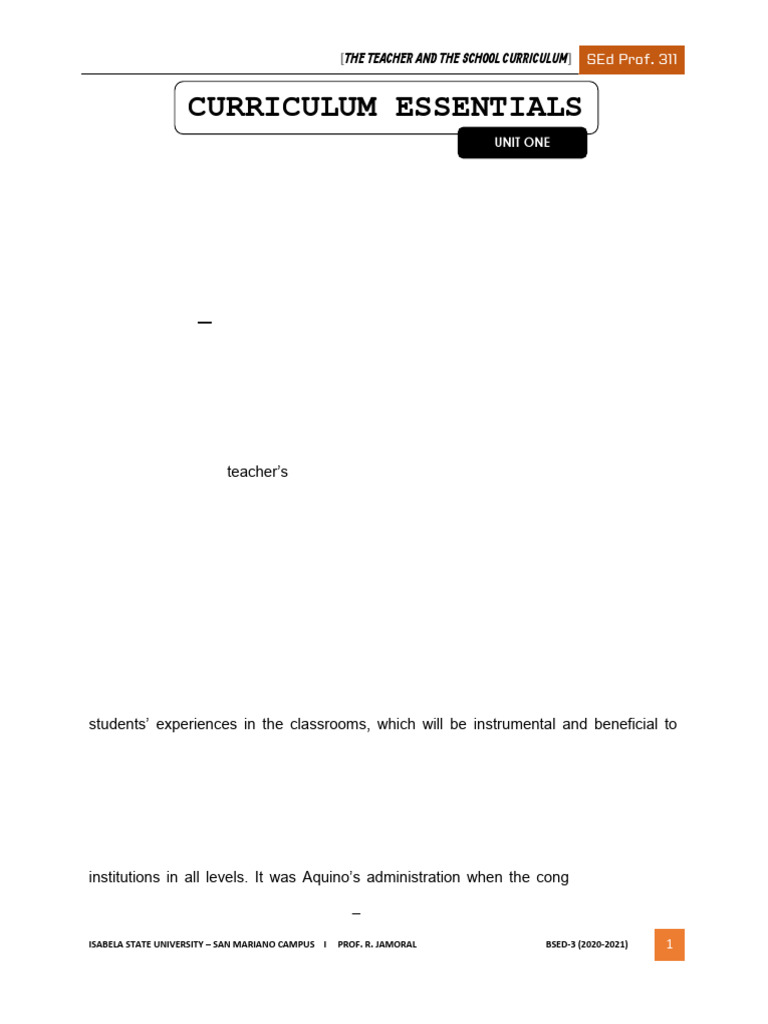 Unit 1-Curriculum Essentials | PDF | Curriculum | Teachers