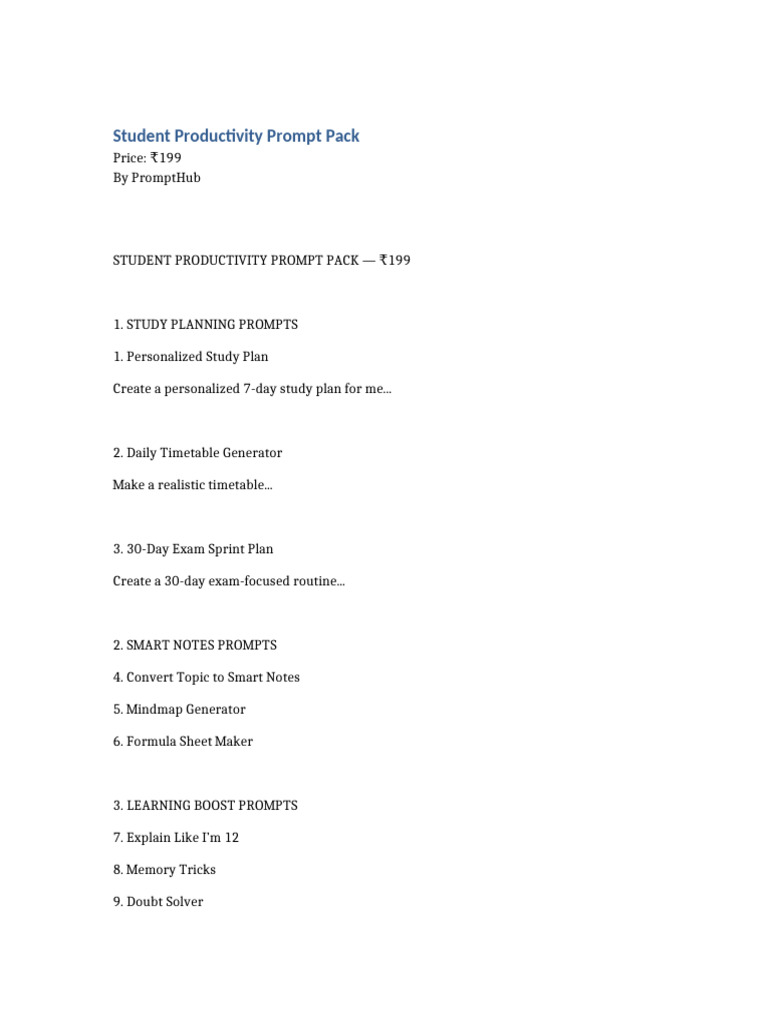 Student Productivity Prompt Pack | PDF