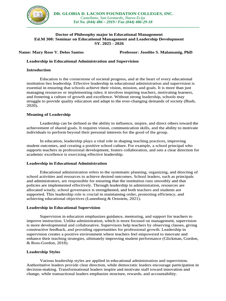 Leadership in Educational Administration | PDF | Leadership ...