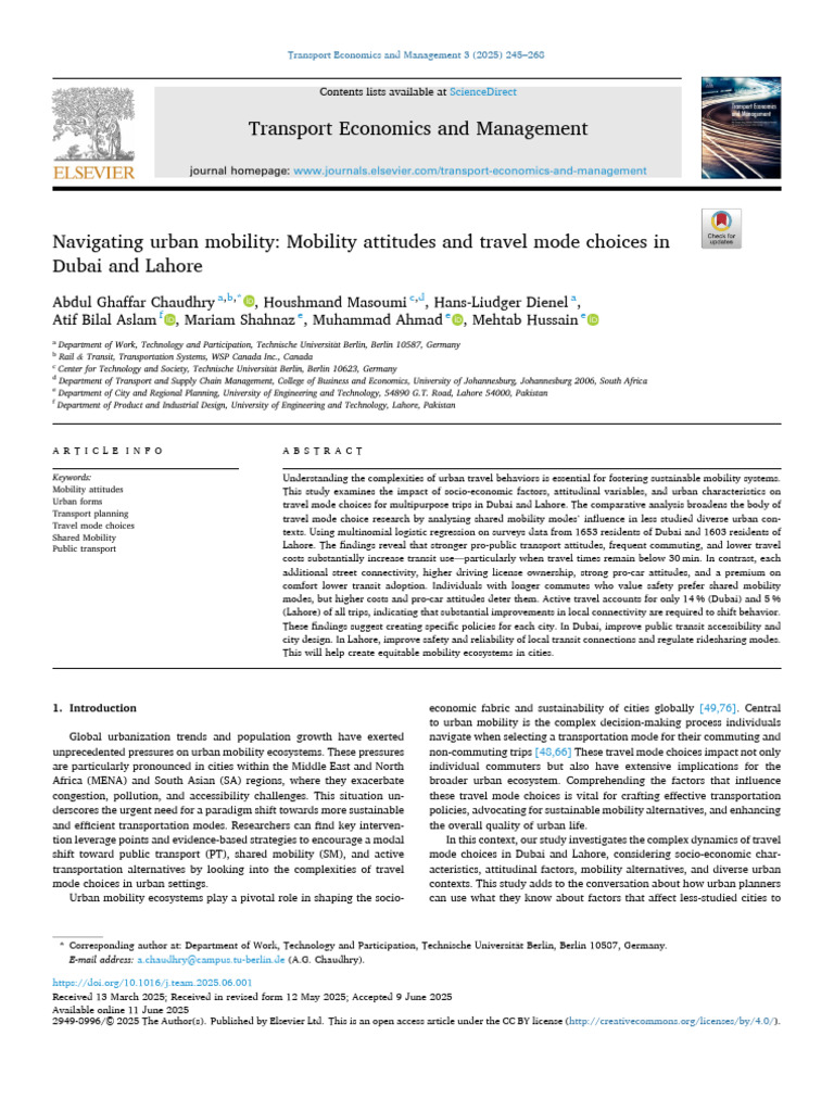 Urban Mobility Choices in Dubai & Lahore | PDF | Survey Methodology ...
