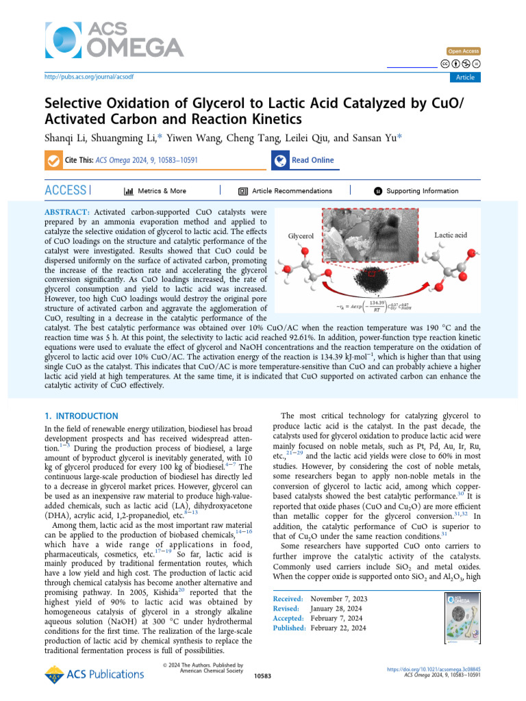 Selective Oxidation of Glycerol To Lactic Acid Catalyzed by Cuo ...