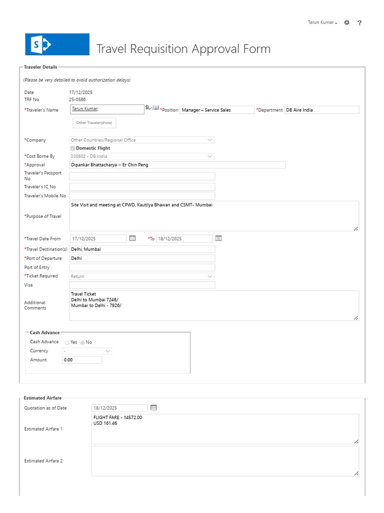 Travel Requisition Approval Form | PDF
