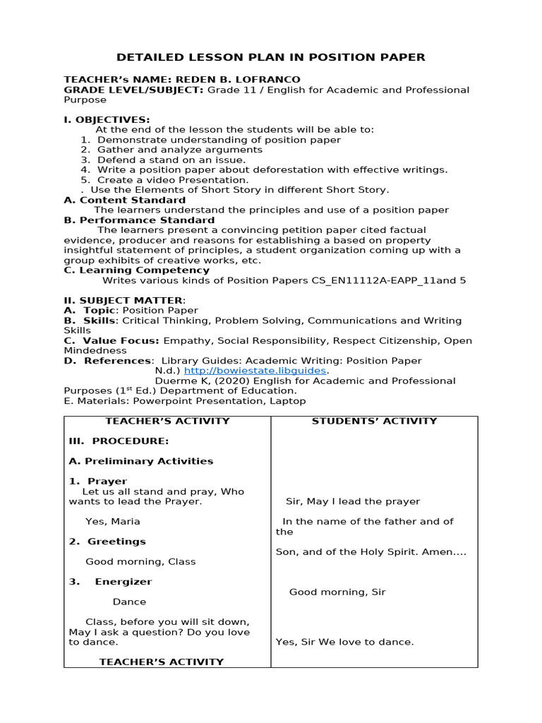 Position Paper Lesson Plan for Grade 11 | PDF | Lesson Plan | Critical ...