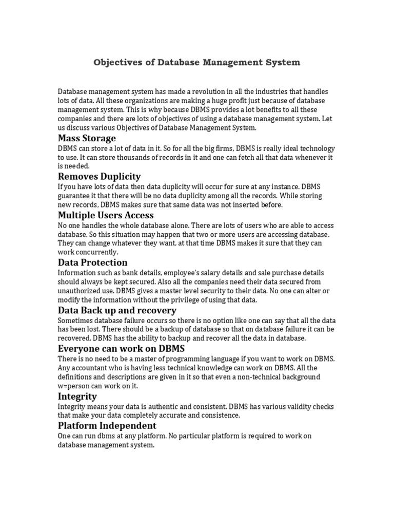 Objectives of Database Management System | PDF