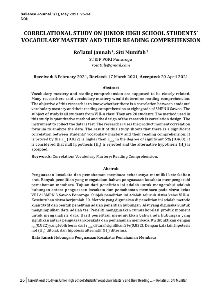 Vocabulary Mastery and Reading Correlation | PDF | Vocabulary | Reading ...