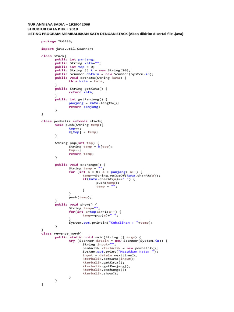 Membalik Kata Dengan Stacks - 1929042069 | PDF | Computer Programming ...