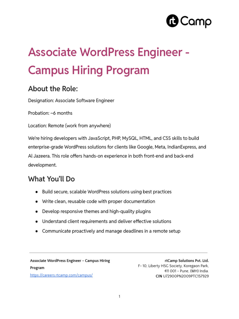 Associate WordPress Engineer Hiring | PDF | Word Press | Free Software