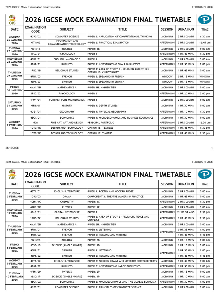 2026 IGCSE Mock Exam Timetable | PDF | Liberal Arts Education | Science