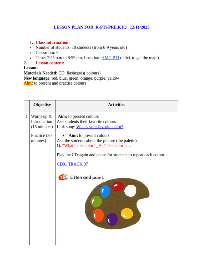 Lesson Plan For R-Pti-Pre.k1q - 12.11.2025 | PDF