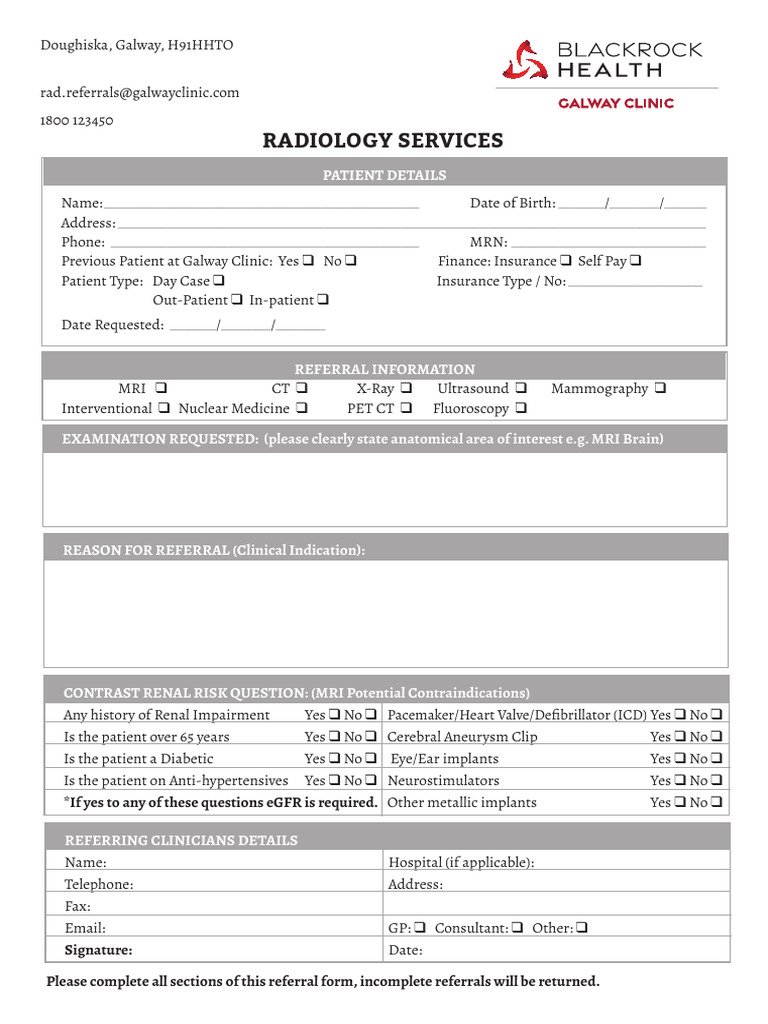 Galway Clinic Radiology Referral Form | PDF | Radiology | Medical ...