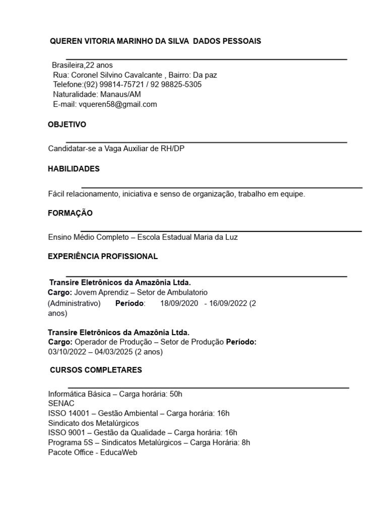 Currículo de Queren V. Marinho Silva | PDF