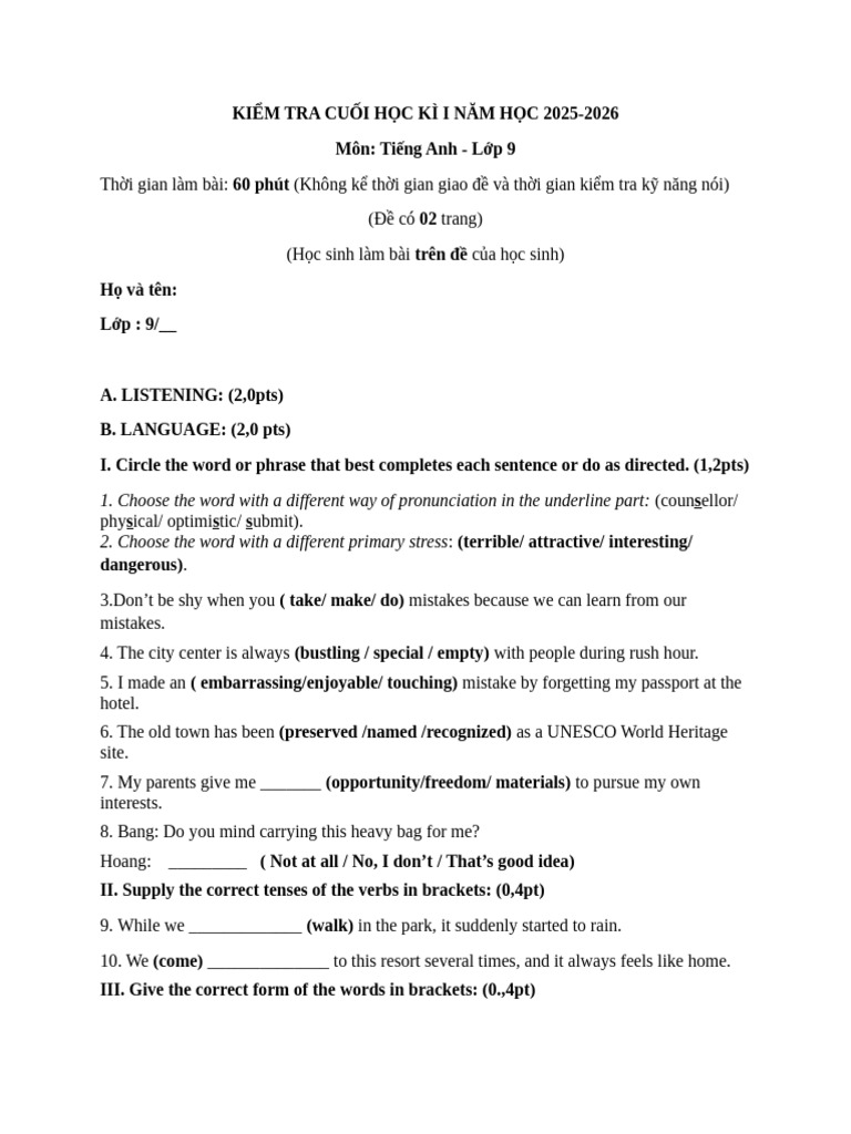 English Exam for 9th Grade Semester 1 | PDF | Linguistics