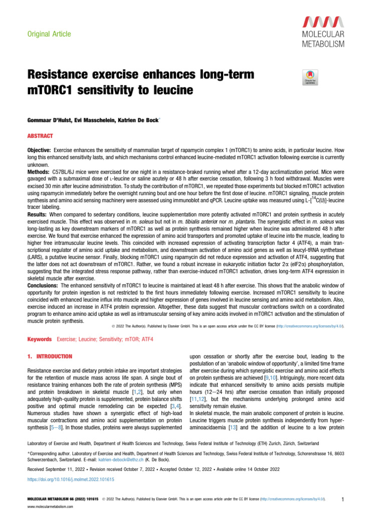 mTORC1 Sensitivity to Leucine Post-Exercise | PDF | Leucine | Skeletal ...