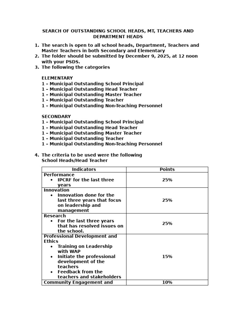 Search of Outstanding School Heads, MT, Teachers and Non Teaching | PDF ...