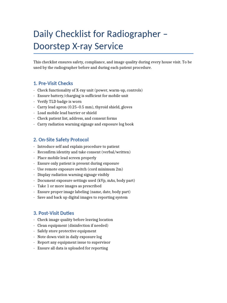 Daily Radiographer Checklist | PDF
