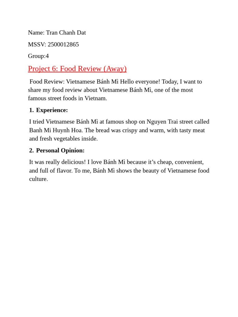 Vietnamese Bánh Mì Food Review | PDF