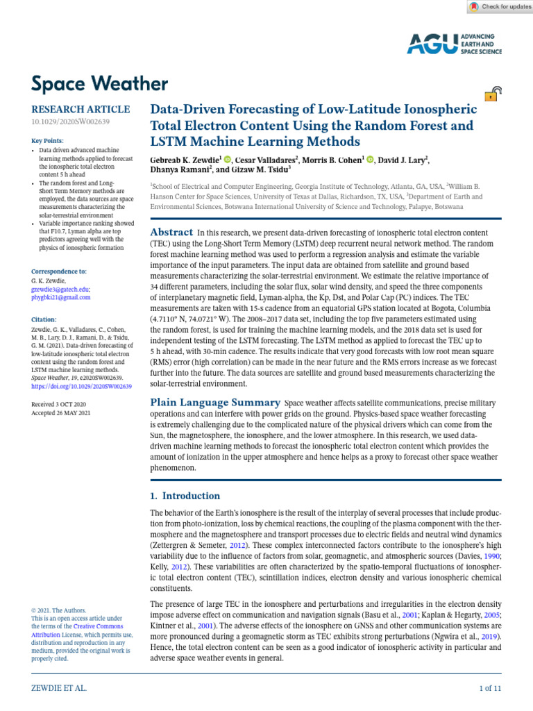 Space Weather - 2021 - Zewdie - Data Driven Forecasting of Low Latitude ...