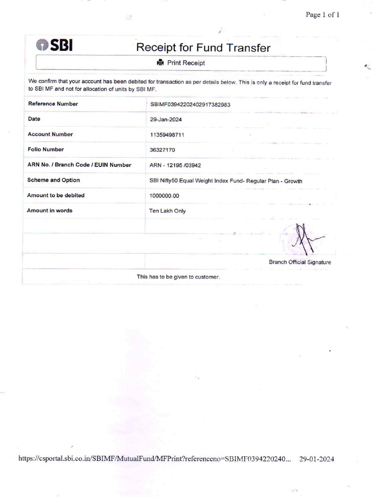 Receipt For Fund Transfer | PDF