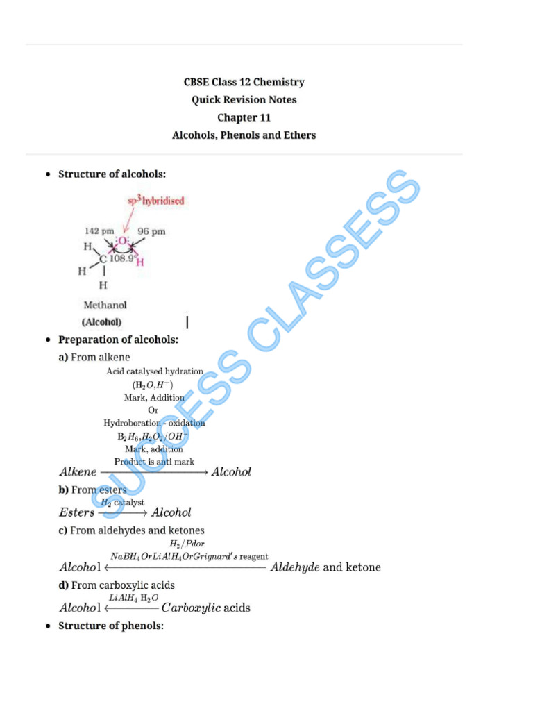 Class 12th Notes of Alcohol, Phenol and Eathers | PDF
