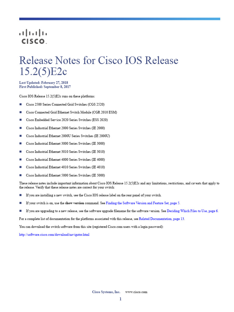 Cisco IOS 15.2(5)E2c Release Notes | PDF | Network Switch | Computer ...