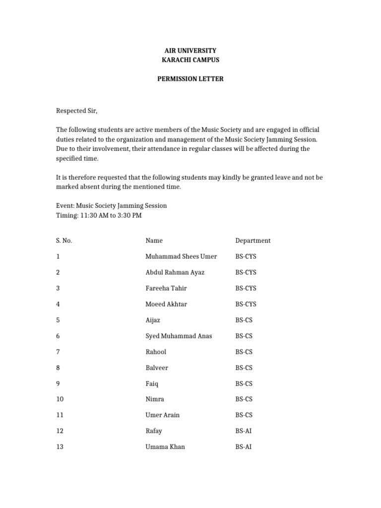 Music Society Jamming Session Permission Letter EDITABLE-1 | PDF