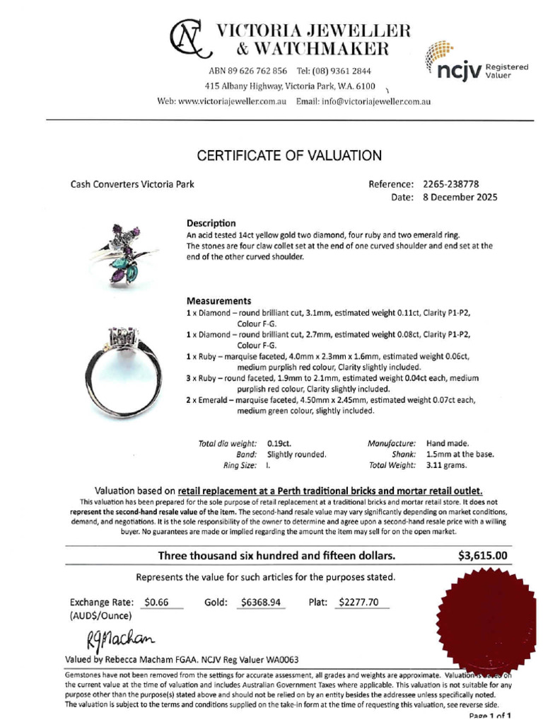 Valuation-000200238778 14ct Yellow Gold Ladies Ruby Diamond Ring Size I  0.19ct TDW RRP 1699.00 | PDF