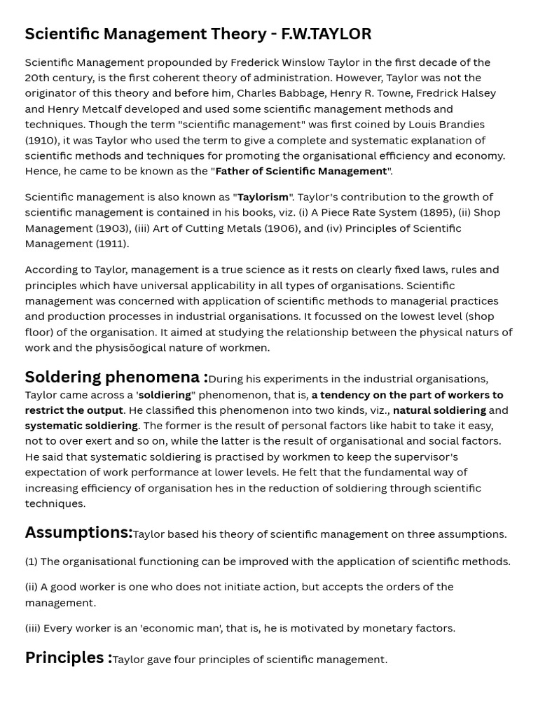 Overview of F.W. Taylor's Scientific Management | PDF | Piece Work ...
