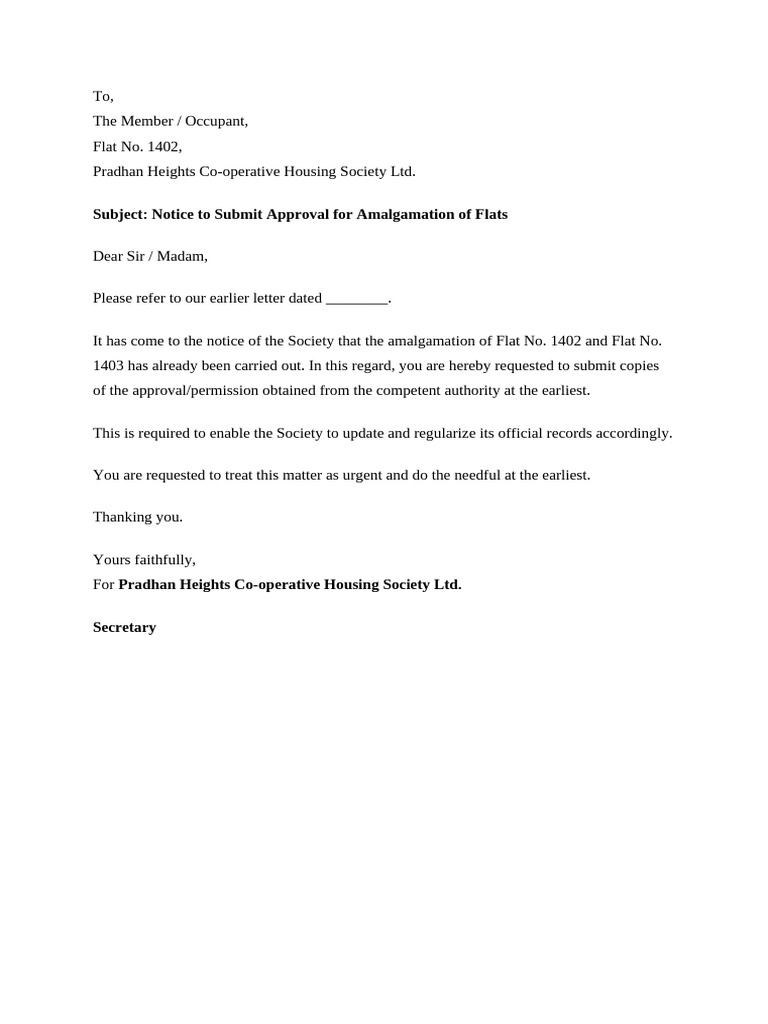 Notice for Flat Amalgamation Approval | PDF
