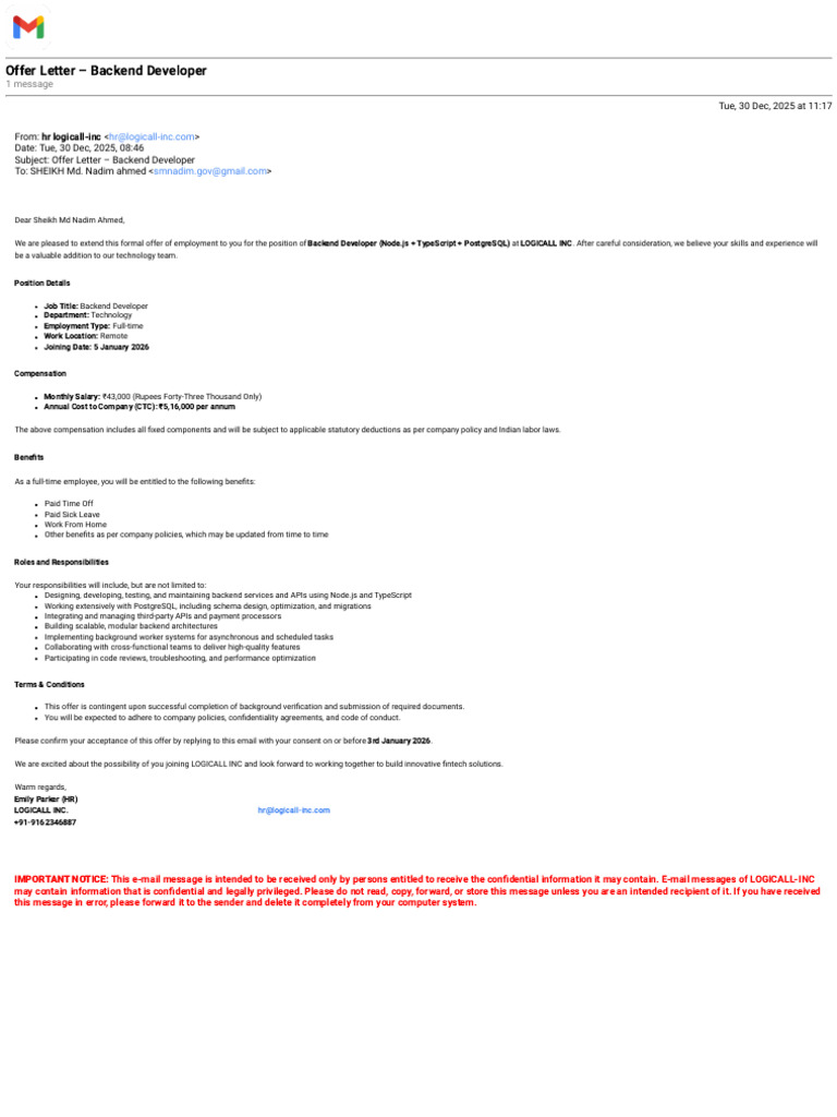 Offer Letter for Backend Developer Position | PDF | Employment | Computing