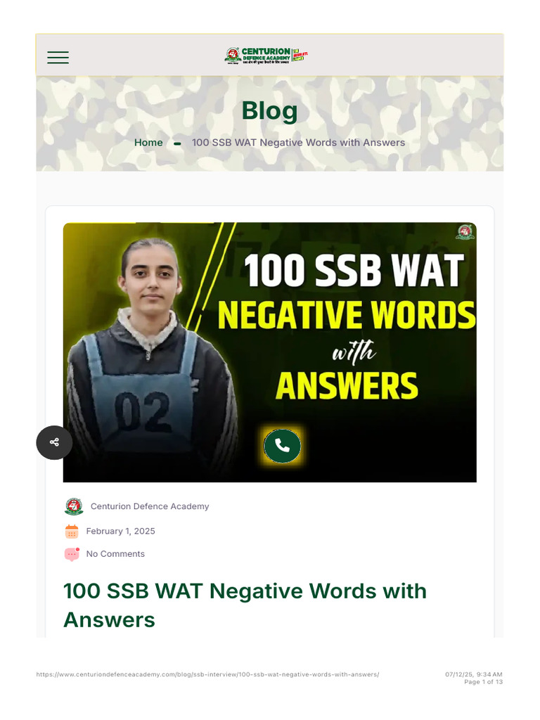 100 SSB WAT Negative Words Explained | PDF