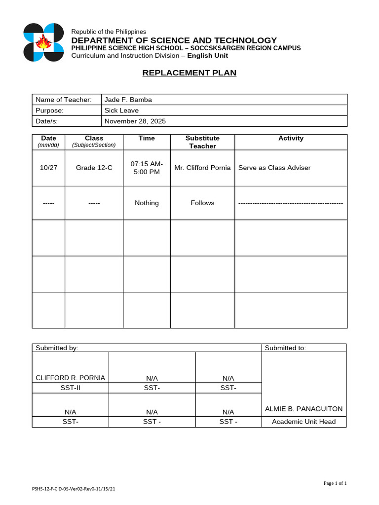Sick Leave Replacement Plan for Teacher | PDF