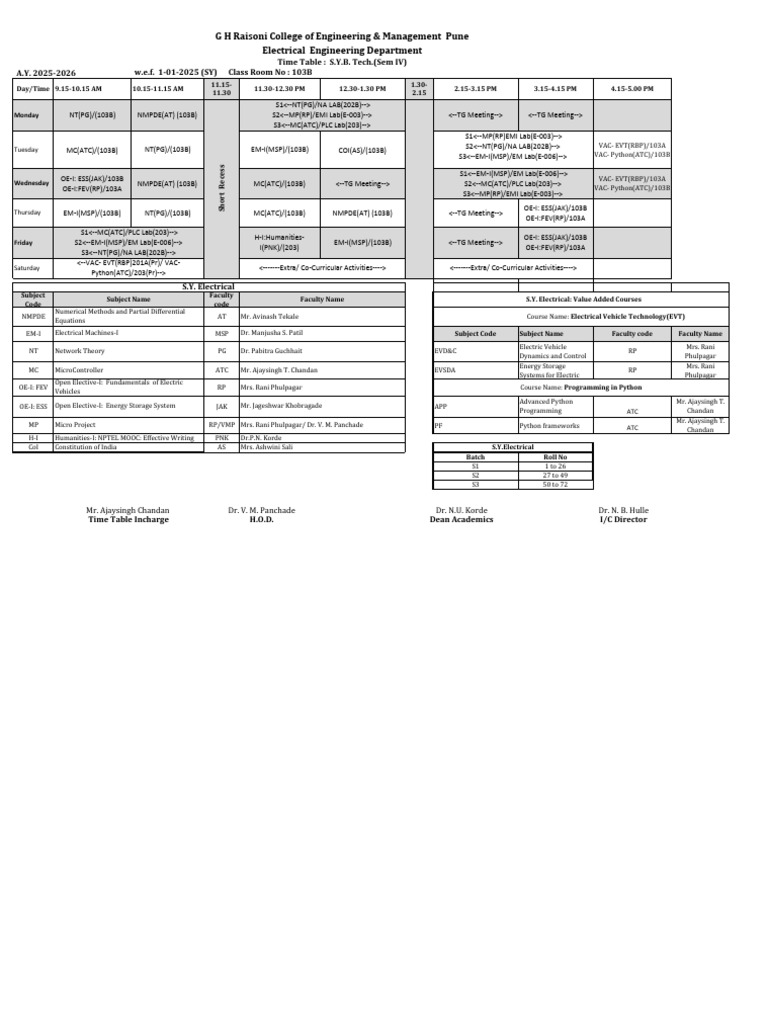 S.Y. Electrical Engineering Timetable 2025 | PDF