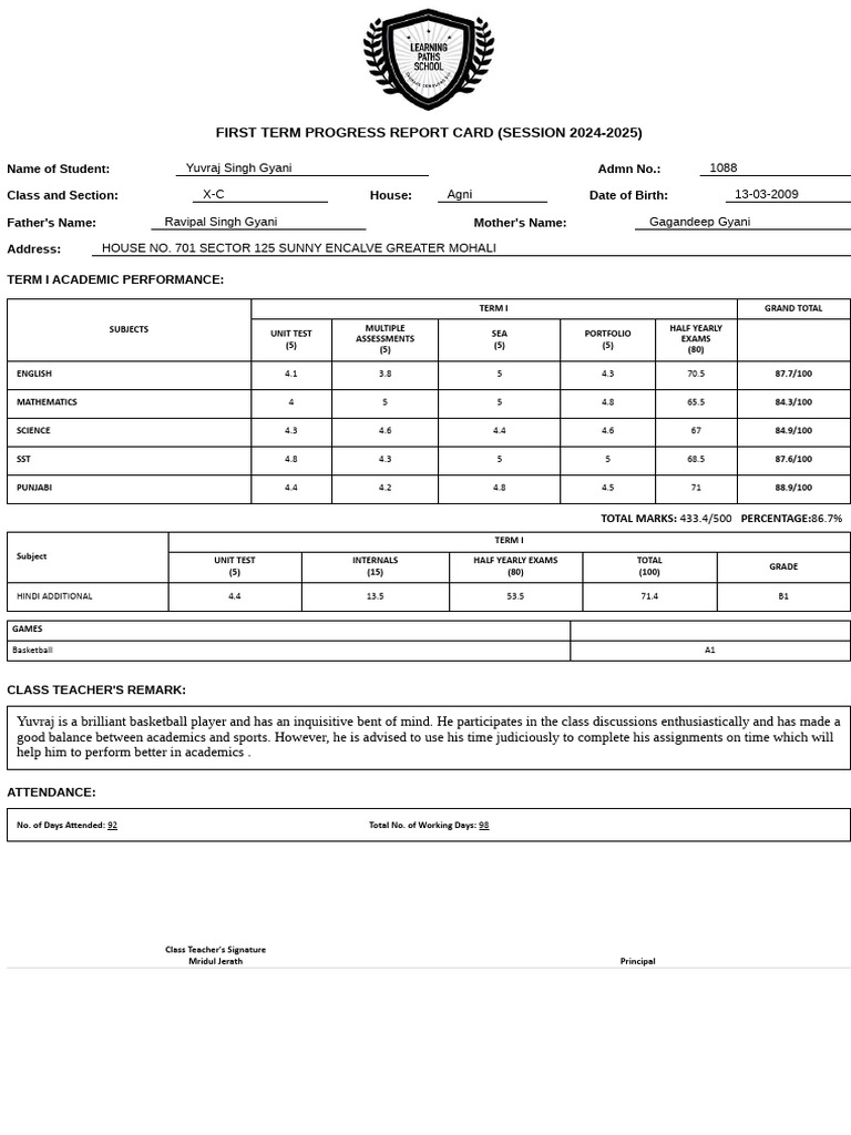 Yuvraj Singh Gyani's Term 1 Report Card | PDF | Student Assessment And ...