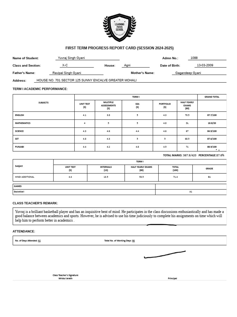 Yuvraj Singh Gyani's Term 1 Report Card | PDF | Student Assessment And ...