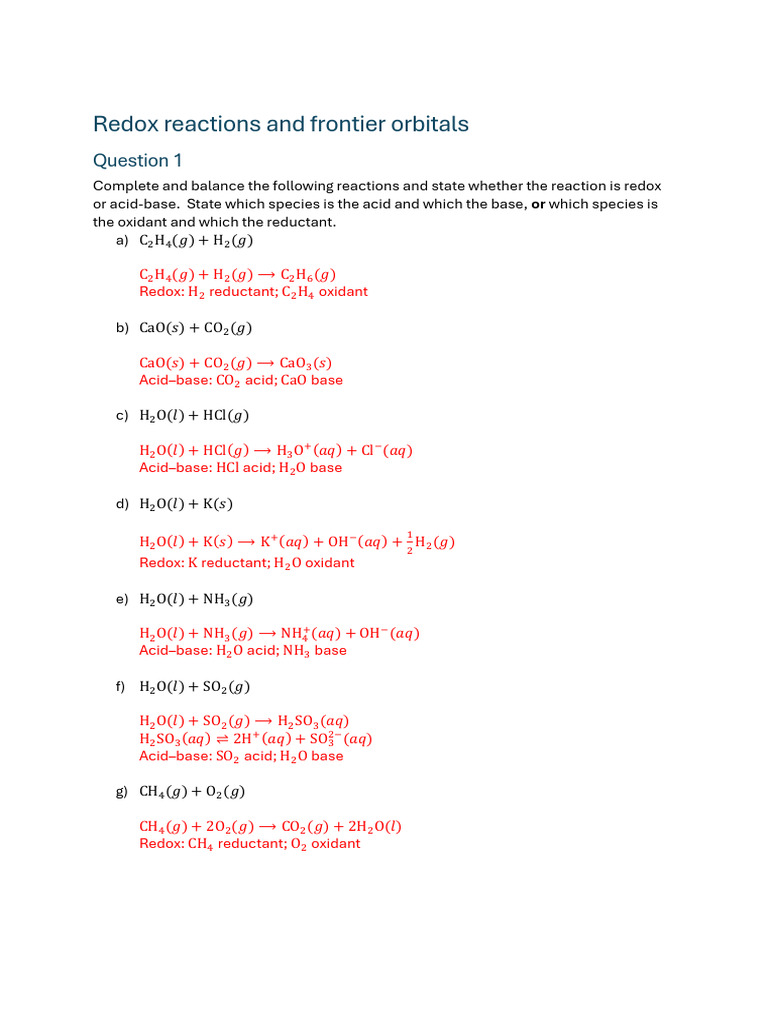Redox Reactions and Frontier Orbitals Questions (Answers) | PDF ...