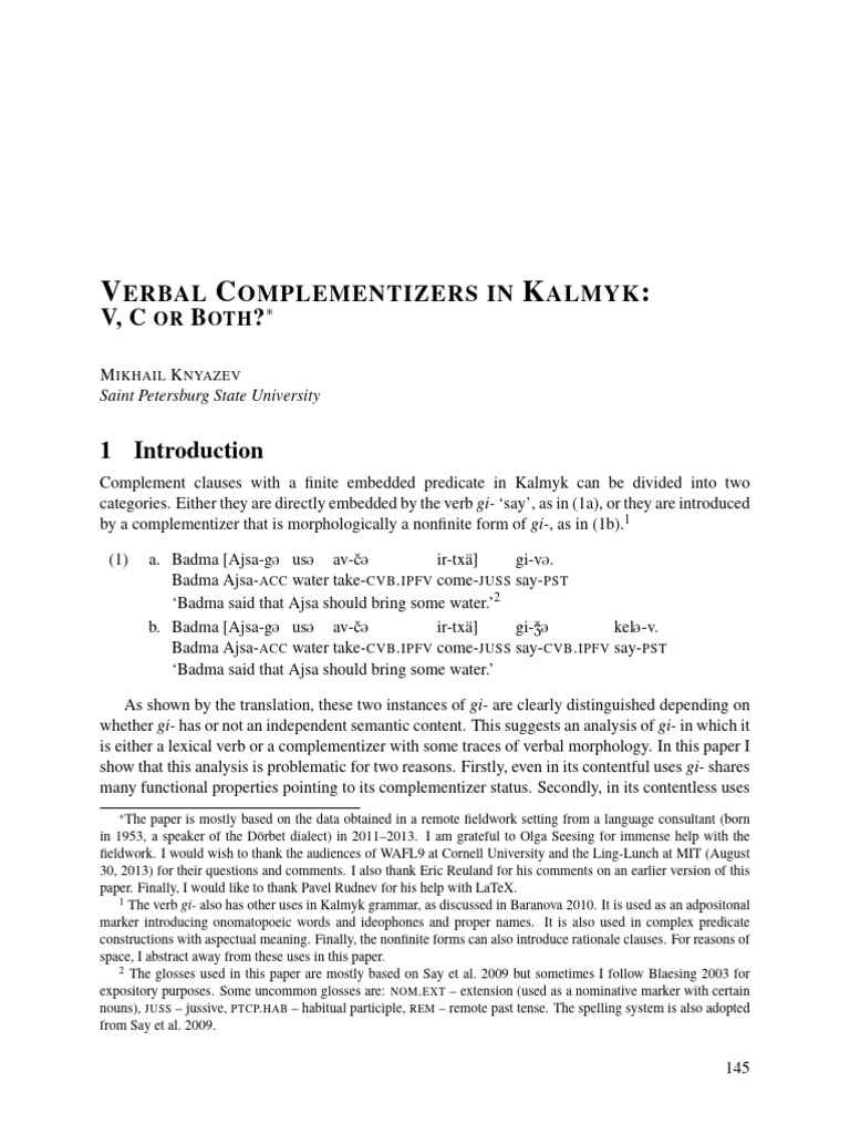 Knyazev - Verbal Complementizers in Kalmyk V, C or Both - 2015 | PDF ...