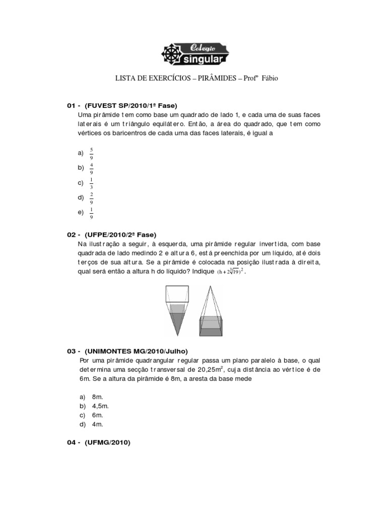 LISTA DE EXERCÍCIOS - Pirâmides | PDF | Geometria convexa | Espaço