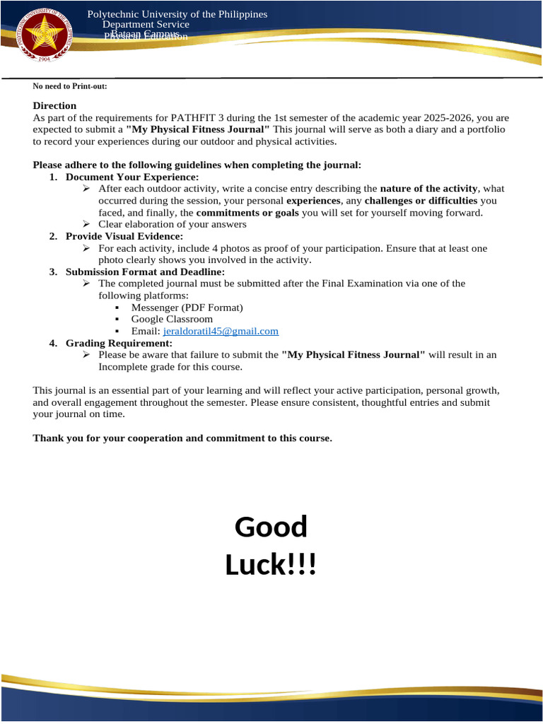 Physical Fitness Journal Pathfit 3 2025 2026 1st Sem | PDF