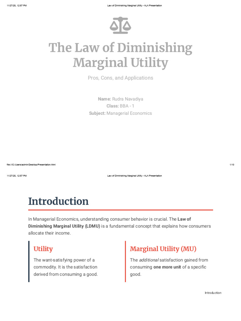 Law of Diminishing Marginal Utility Explained | PDF | Utility ...