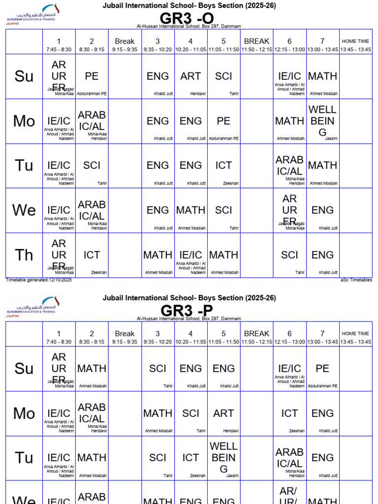 Al-Hussan School Timetable 2025-26 | PDF