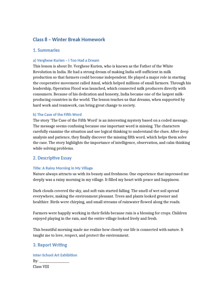 Class 8 Winter Break Homework Guide | PDF
